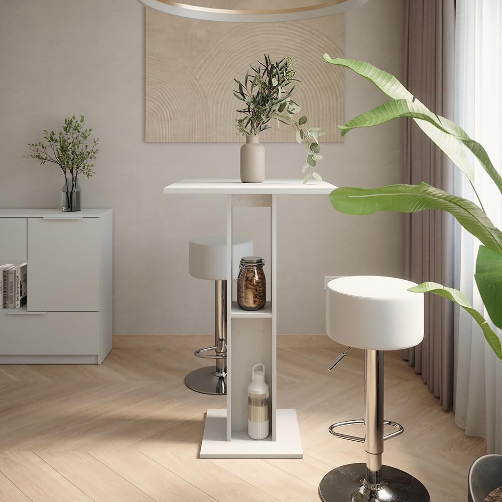 Vicco Set de Table de Bar Repose, Blanc, 65x65cm avec 2 tabourets de Bar, avec étagère latérale pour Le Rangement des Bouteilles et des Verres