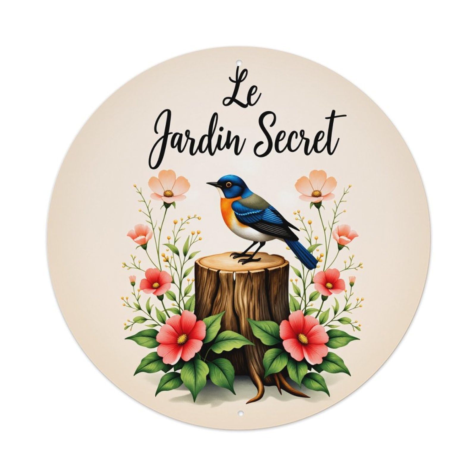 Bird On Stump With Flowers And Leaves Round Vintage Tin Sign,Retro Wall Art,Metal Poster for Home, Bar, Garage, Cafe, Rustic Indoor & Outdoor Decor, 8x8 Inches
