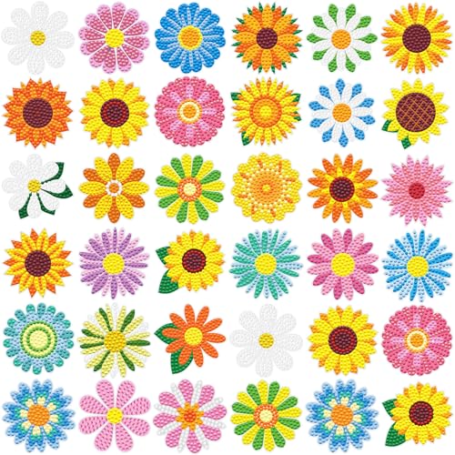 Saillong 36 Pcs Daisy Diamond Painting Sticker 5d DIY Diamond Sticker Sunflower Painting Creative Decals Resin Flower Rhinestone Gem Art Kits for Refrigerator Home Crafts Adults Summer Gift Decor