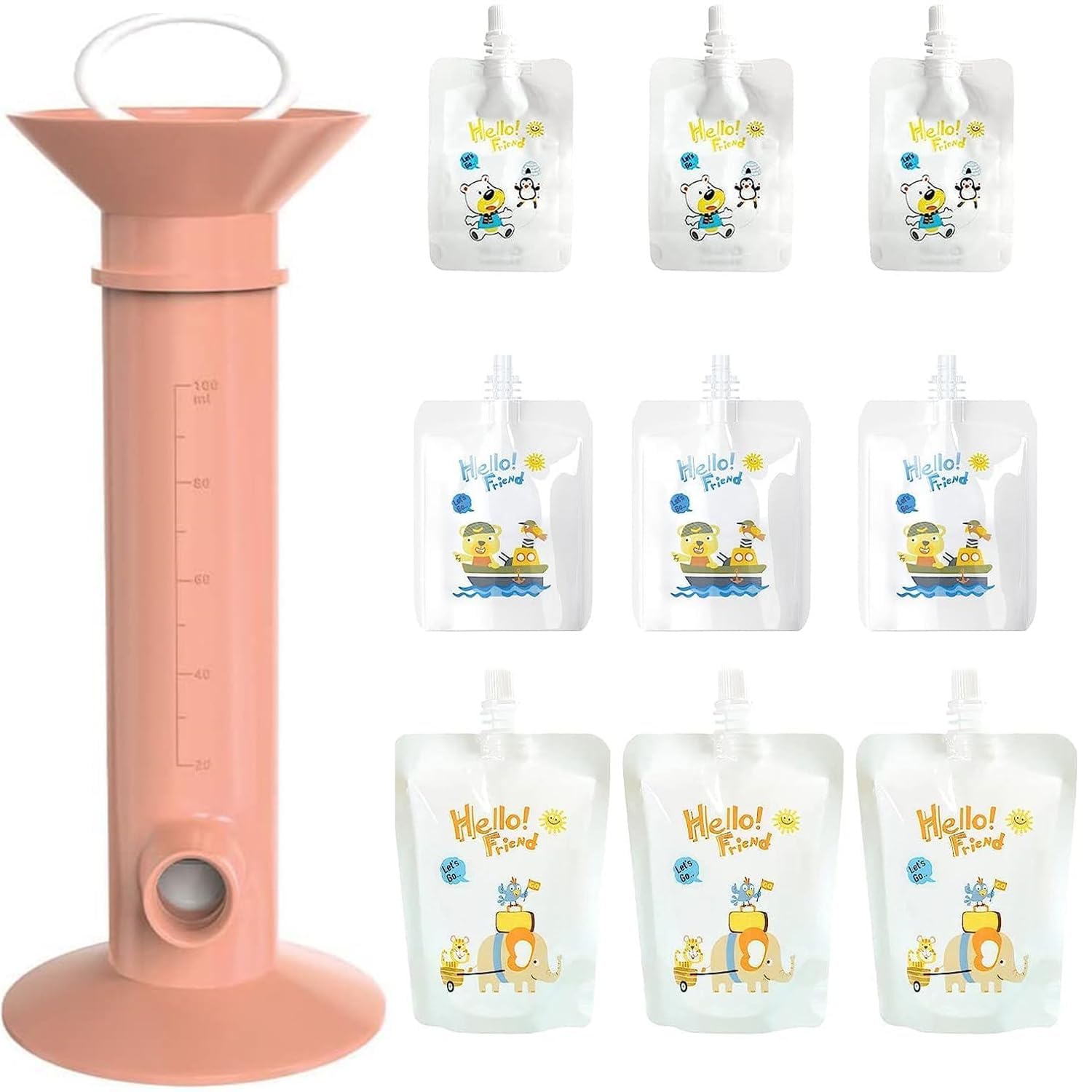 Baby Food Pouch Maker, Reusable Baby Food Pouches Filler Kit, Baby Food Maker with 9 Pcs Reusable Pouches for Toddlers Baby, Dual-lid Squeeze-Proof Baby Food Pouch Holder for Yogurt (Pink)