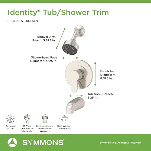 Miniatura 3 de Symmons S-6702-1.5-TRM-STN Identity Single Handle 1-Spray - Grifo para bañera y ducha en níquel satinado - 1.5 GPM (válvula no incluida)