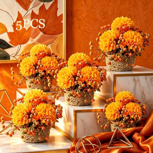 5 Pack Artificial Fall Flowers For Outdoors Fake Mums With Woven Basket Pot - image 6