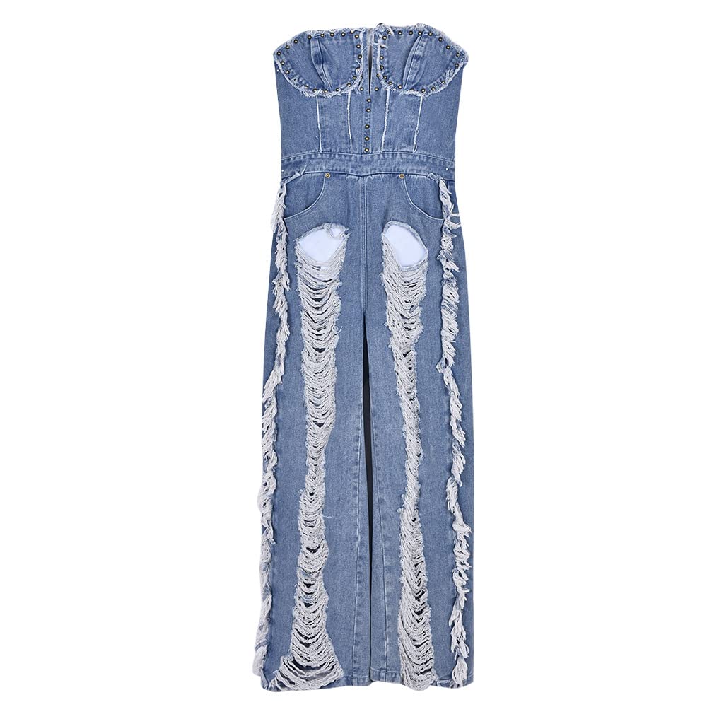 Femmes Jeans déchiré Strapless Denim Jumpsuit, 2023 Summer Ladies Off Shoulder Sexy Solid Color Classic Fit Personality Holiday Sets