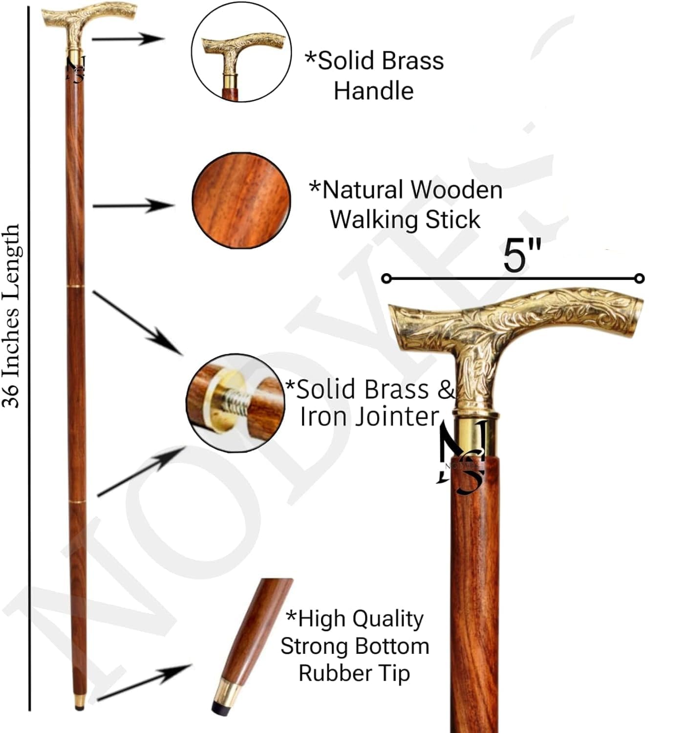 Nodyes Antique Brass Walking Stick Deluxe Walking Cane Beautiful Brass Golden Handle Walking Cane Featuring Solid Brass Handle for Men 36 inch