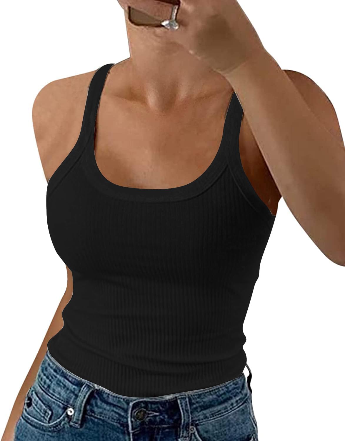 DUOEASE Spaghetti Top Damen Sommer 2025 Gerippt Rundhals Tank Top Basic Einfarbig Slim Fit Stretch Top