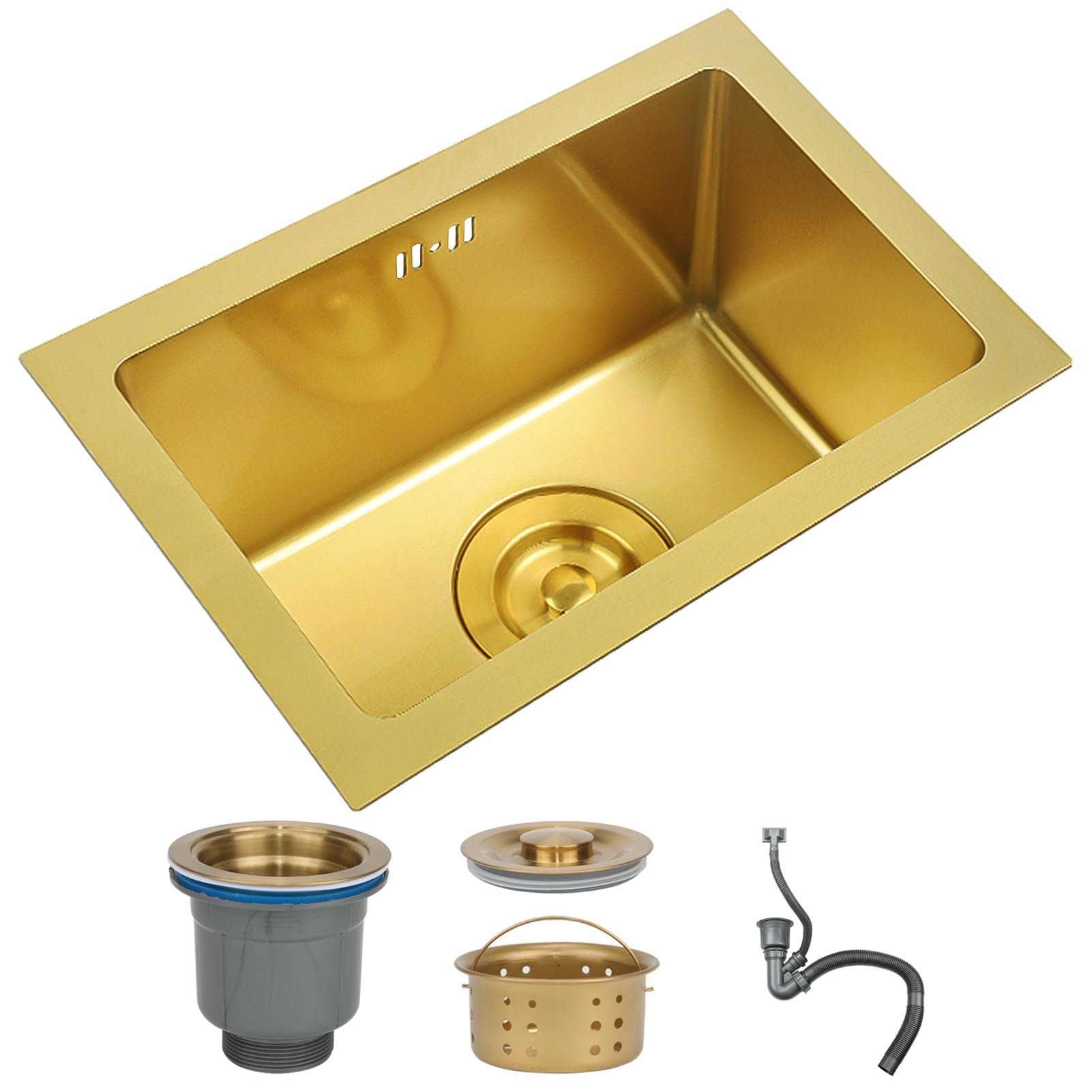 LMYSXAOZ Gold Stainless Steel Kitchen Sink - Nano-Coated Single Bowl Drop-In/Undermount Installation Easy-Clean Handmade Prep with Drain Kit Various Sizes (38x26cm)