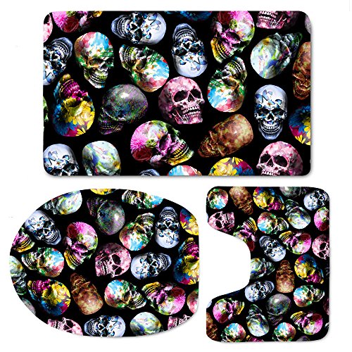 Showudesigns Badezimmer Badematte 3 Teilig Set Schädel Muster Bad Matte Teppich Für Toilettenzubehör Flanell Saugfähig Badteppiche Badvorleger Badgarnitur WC Vorleger - Skull Print