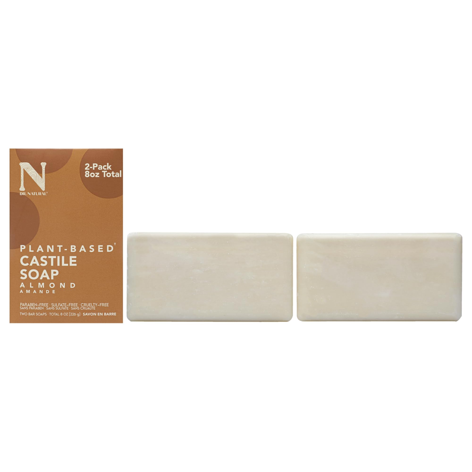 Dr. Natural Castile Bar Soap - Multipurpose Soap Bar with Anti-Acne Properties - For Face, Body and Hair - Sensitive Skin Body Wash - Almond - 2 pcs