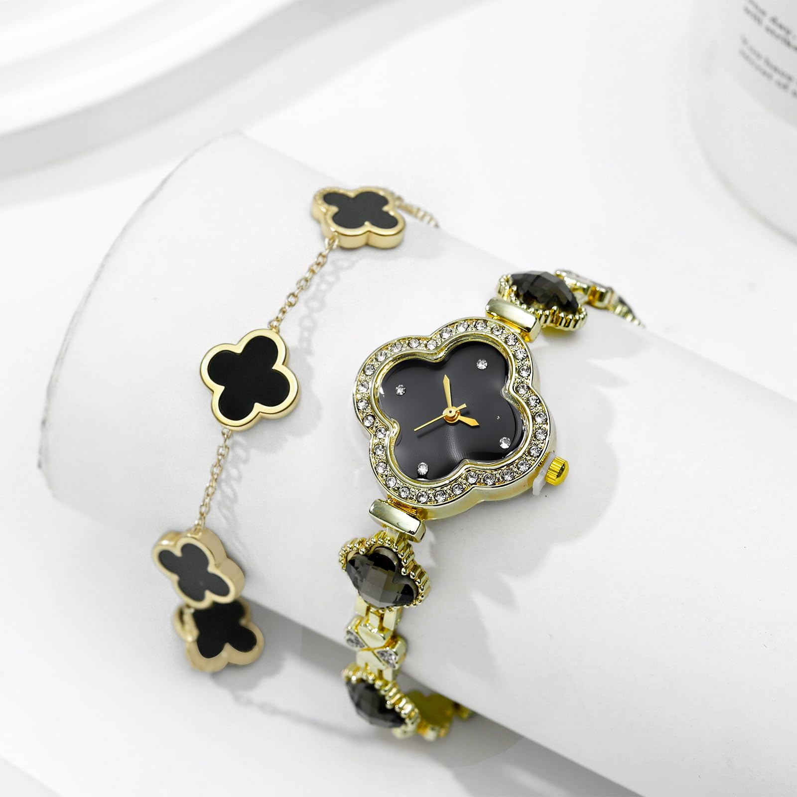 2-teiliges Damen-Armband-Set mit Glücks-Kleeblatt-Armband, Armbanduhr, Schmuck-Set, 18 Karat vergoldet, Armbanduhr mit Blumendesign, vierblättrige Armbänder für Damen