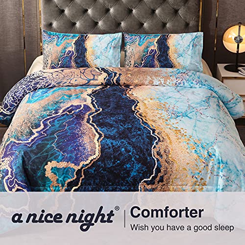 A Nice Night Marble Like Burning Mountain Printed Bedding Set,Retro Style Watercolor Artwork Design,Ultra Soft Comforter Set (Blue, Queen(88-By-88-Inches)) #TOP6