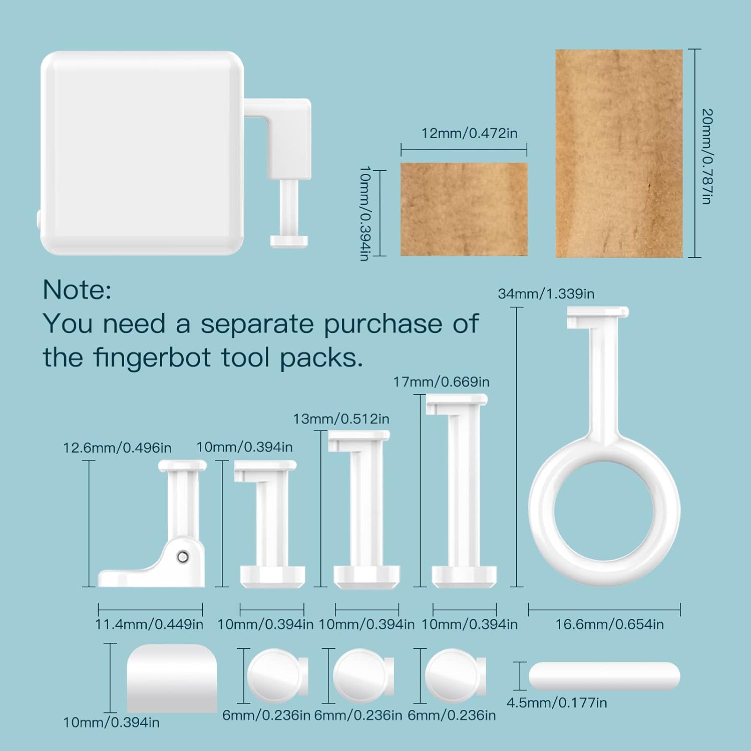 Diagram showing various Fingerbot toolpack accessories and their dimensions.