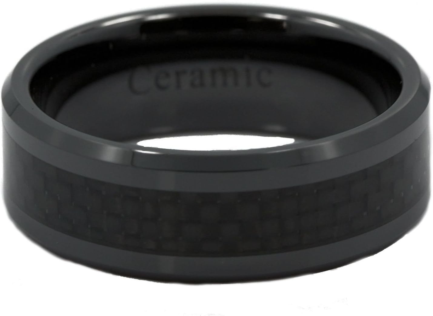 Black Ceramic Carbon Fiber Inlay Ring | Recessed Edge or Half Dome | Comfort Fit Band | Non conductive