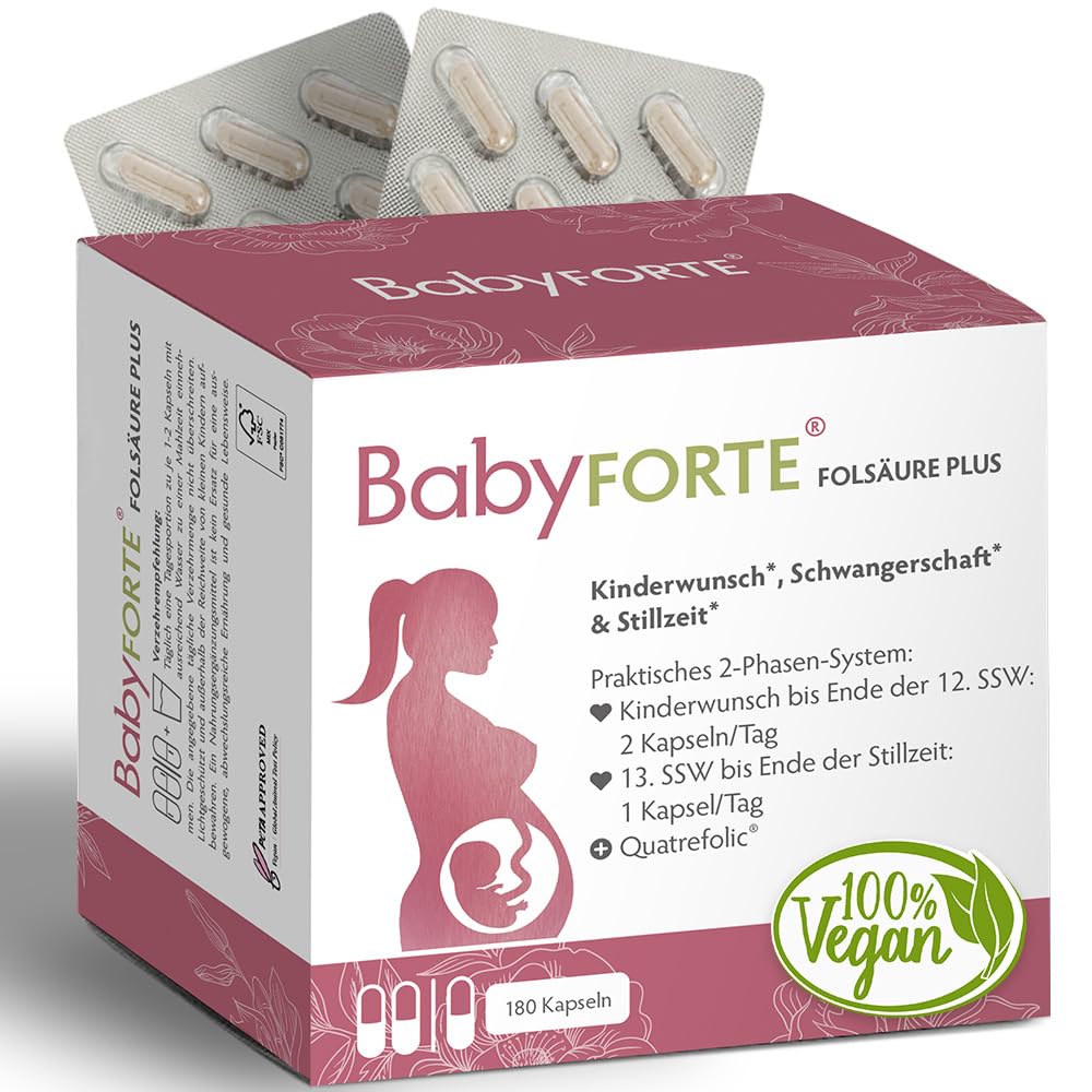 BabyFORTE® FolsäurePlus | vegan | Schwangerschaftsvitamine - Kinderwunsch Vitamine | 16 Nährstoffe | 180 Kapseln + Laborgeprüft