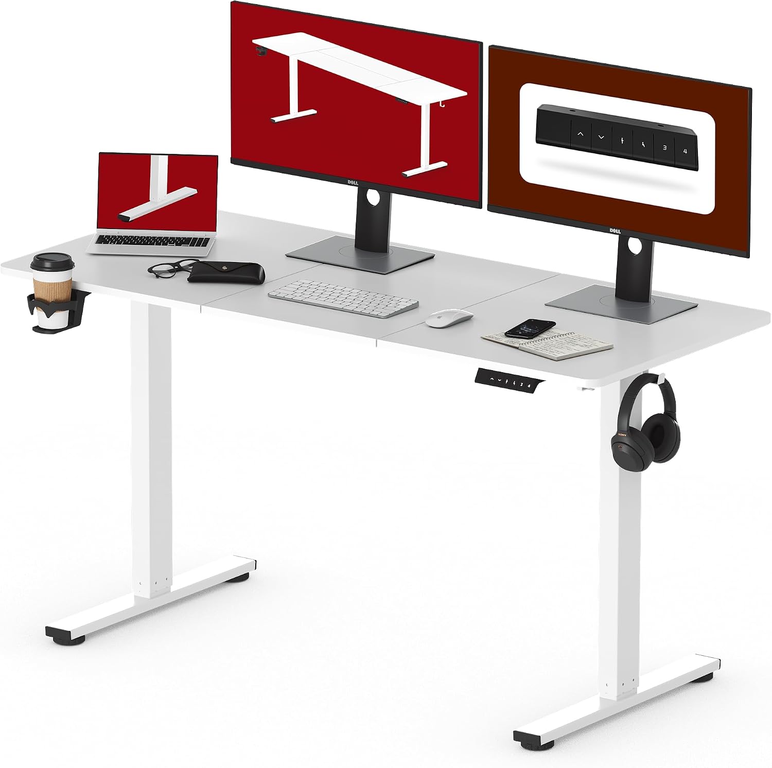 SANODESK QS1 Electric Standing Desk with two monitors, laptop, cup holder, and headphones