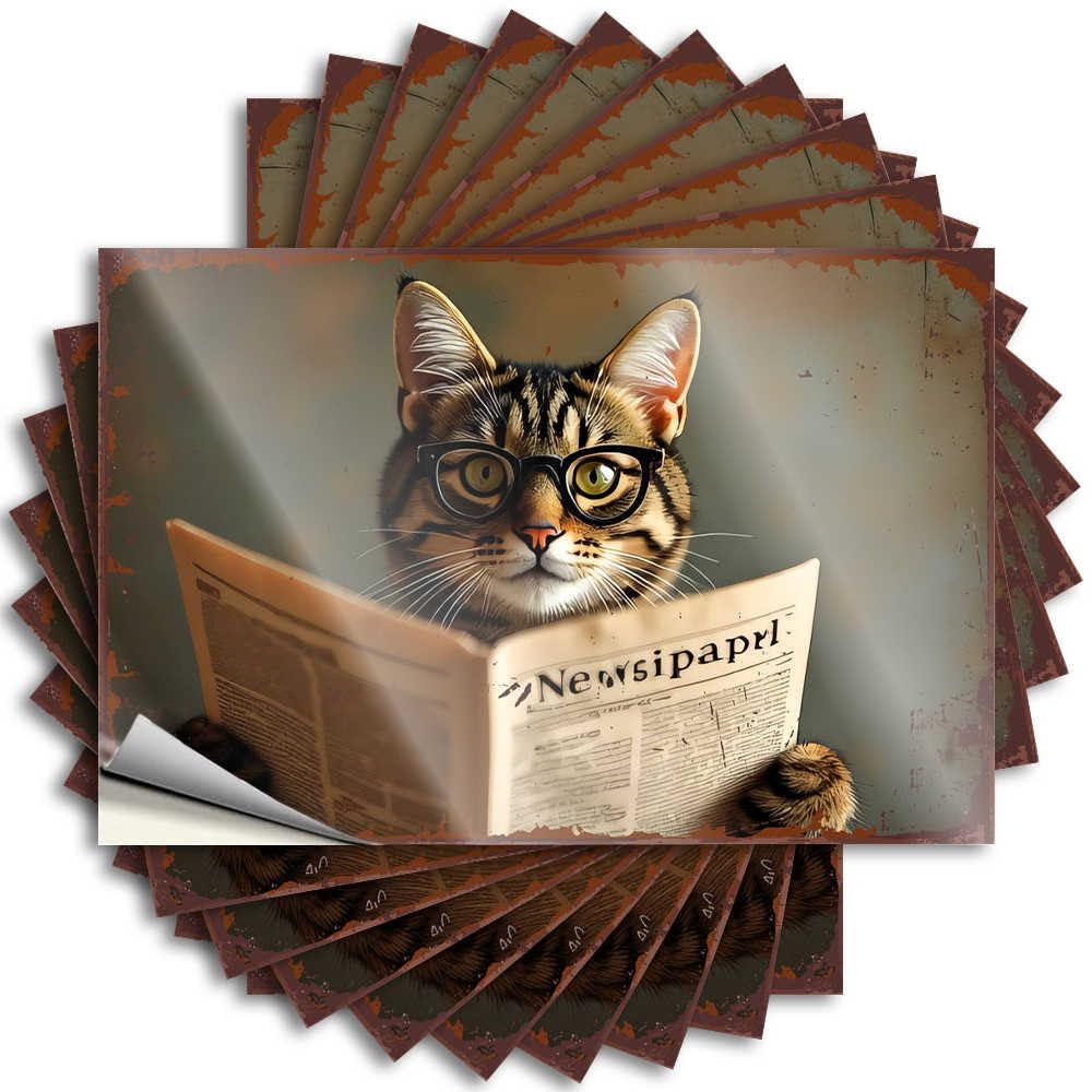 Fzfn Colour Quote Case Vintage Curious Cat In Glasses Reading Newspaper For Alcohol - Grunge Easy Peel Removable(8X12cm)