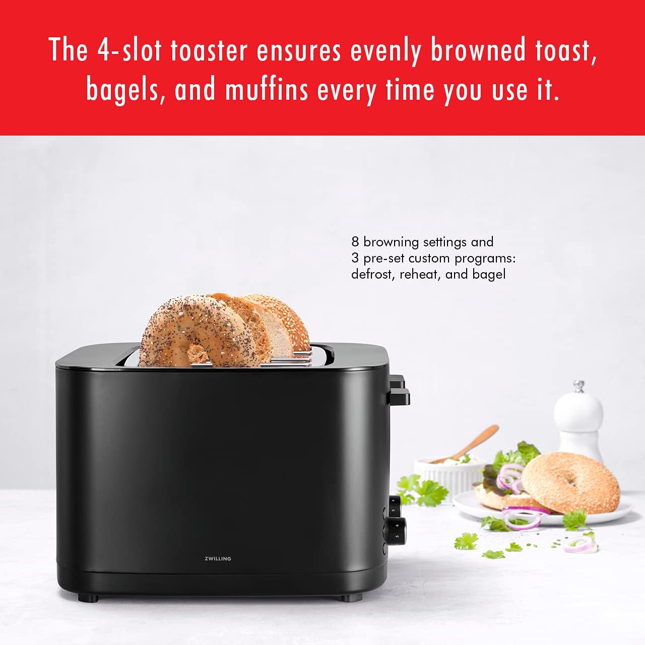 ZWILLING Enfinigy Cool Touch Toaster 4 Slice with Extra Wide 1.5" Slots for Bagels, 7 Toast Settings, Even Toasting, Reheat, Cancel, Defrost, Black