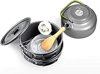 Vista 4 de Juego de utensilios de cocina de aluminio para acampar al aire libre, juego de tetera y sartenes plegables, ollas ligeras, sartenes con bolsa