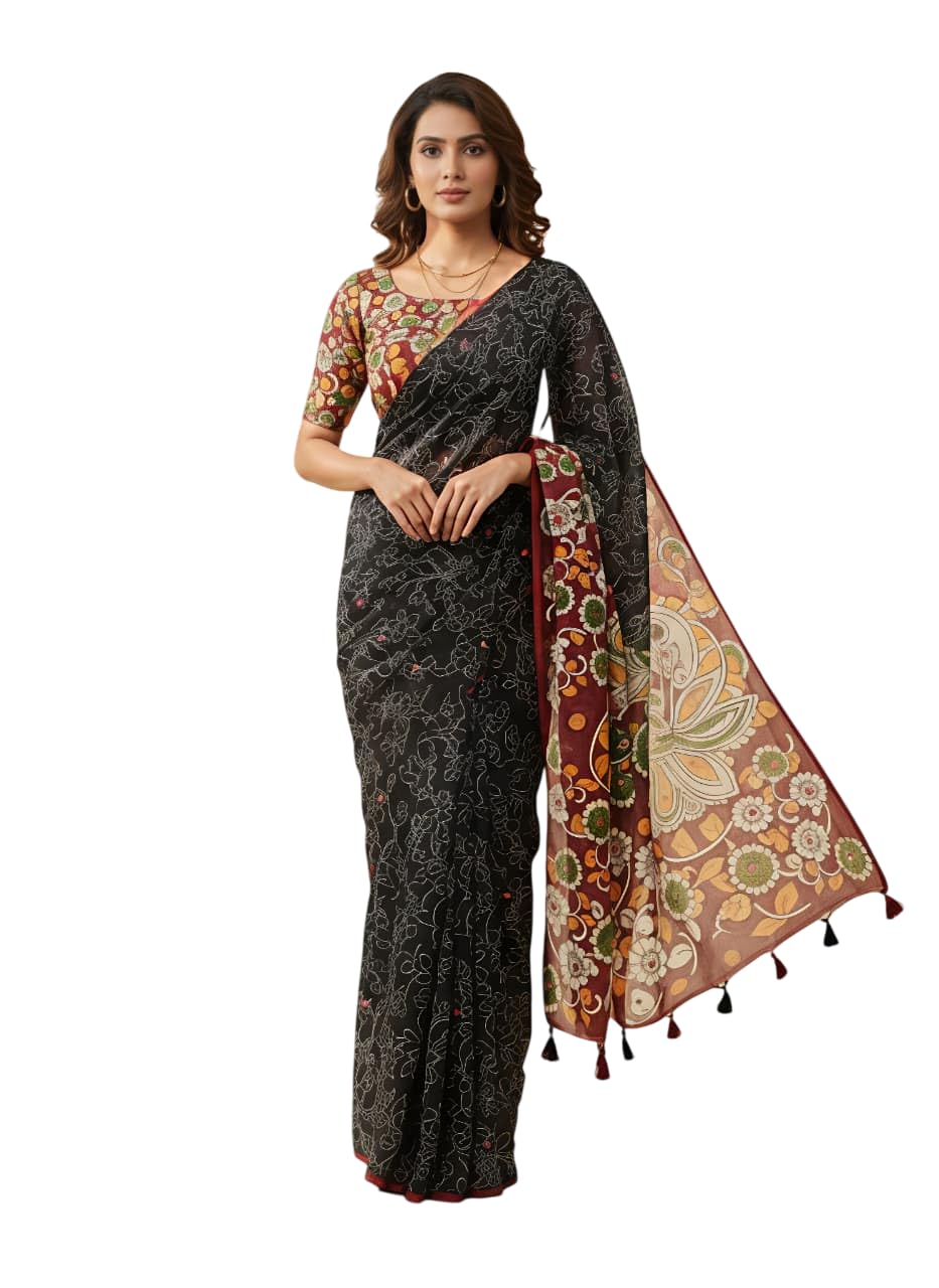 Black & Maroon Linen Blend Kalamkari Printed Saree with Blouse Piece-image-43