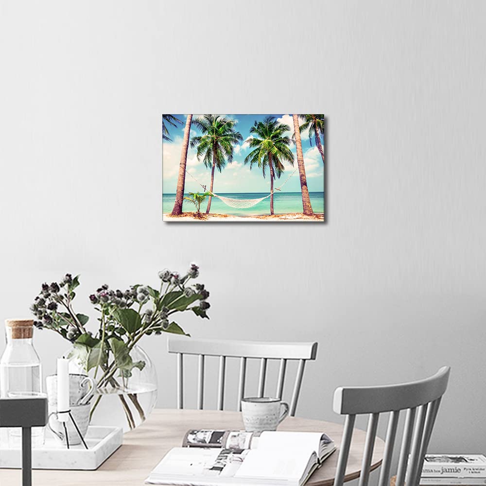 Beach Coconut Tree Hammock Canvas Wall Art Seascape Painting Seaside Artwork Picture Print for Living Room Bedroom Home Office Wall Decor Modern Landscape Ready to Hang (18X12in) - Image 2