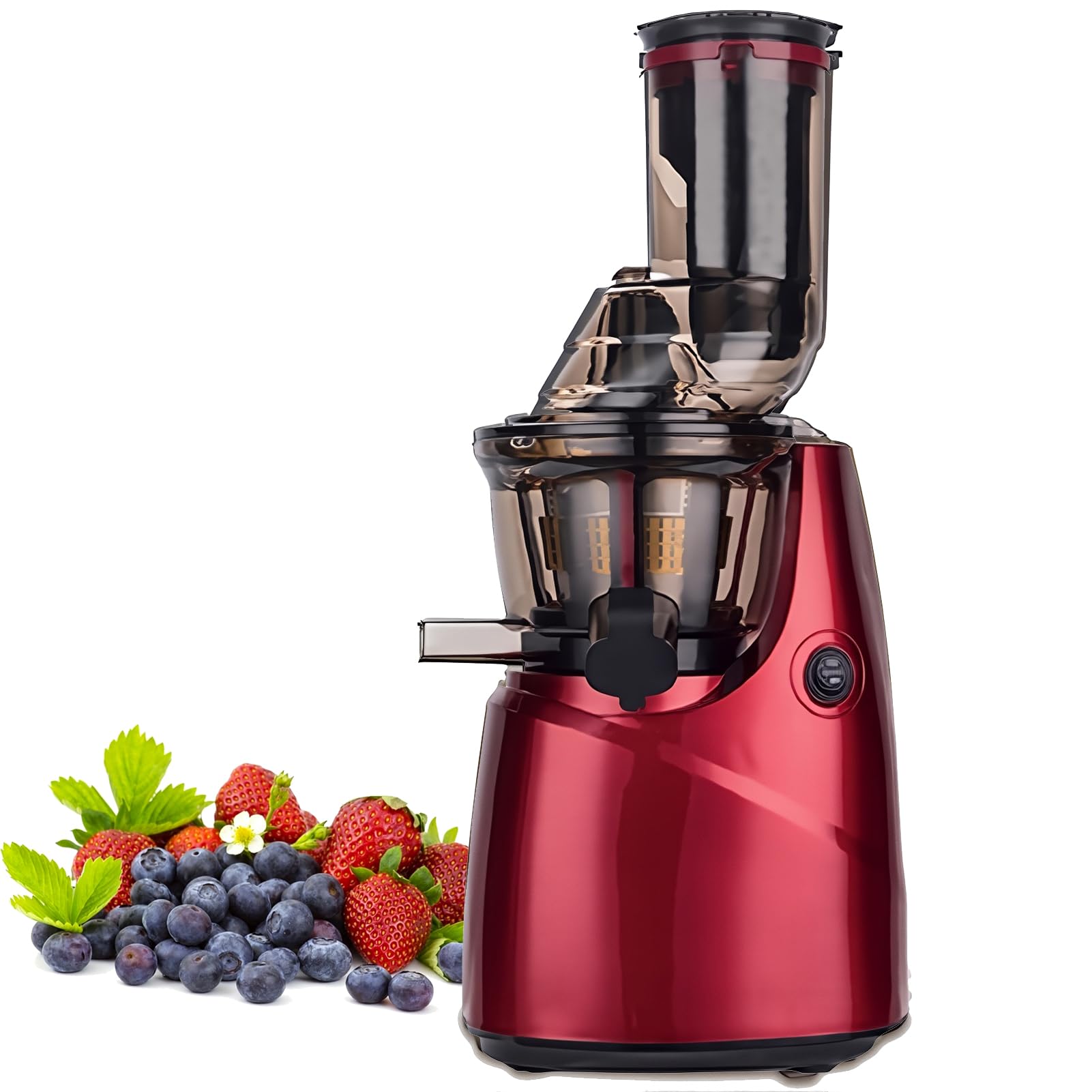 FHRKA Cold Press Juicer, 250W Electric Juicer Machine with 86MM Feed Port & 3-Speed Adjust, Automatic Pulp Separation Slow Masticating Juicer (Red)