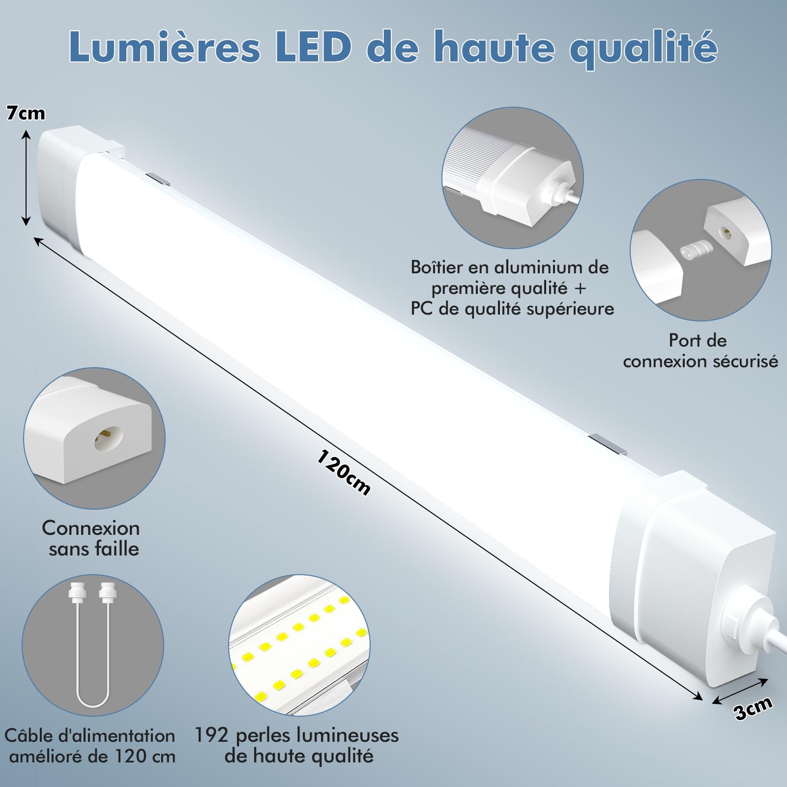 2 Pièces Neon LED 120cm, Tube LED 40W 4000LM Blanc Froid 6500K Connectable, Bandes LED avec Couvercle Transparent, IP65 Étanche Plafonnier pour Bureau, Atelier, Garage, Cave