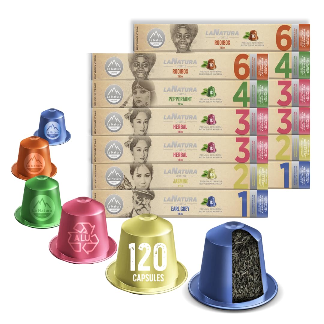 La Natura Lifestyle Wellness & Vital - Paquete de 120 Cápsulas de Té Compatible con Nespresso®³ - Hierbas, Menta, Jazmín y Rooibos - 100% Reciclable