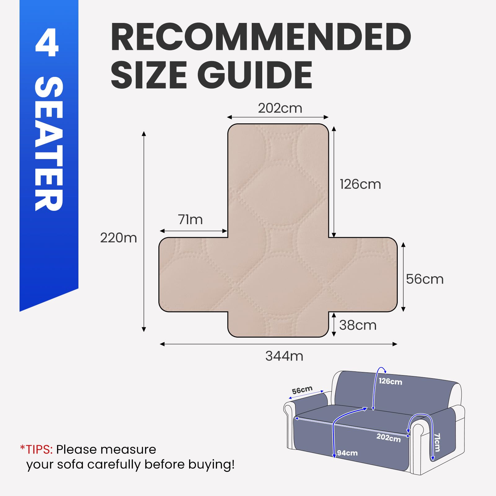 Ystyle 100% Wasserdicht Sofa Überzug 3 Sitzer, Sofabezug rutschfest, Gesteppte Sofaüberzug Mit Seitentaschen, Couchschoner, Couch Überzug Kratzfest Für Haustiere Hunde Katzen, Beige