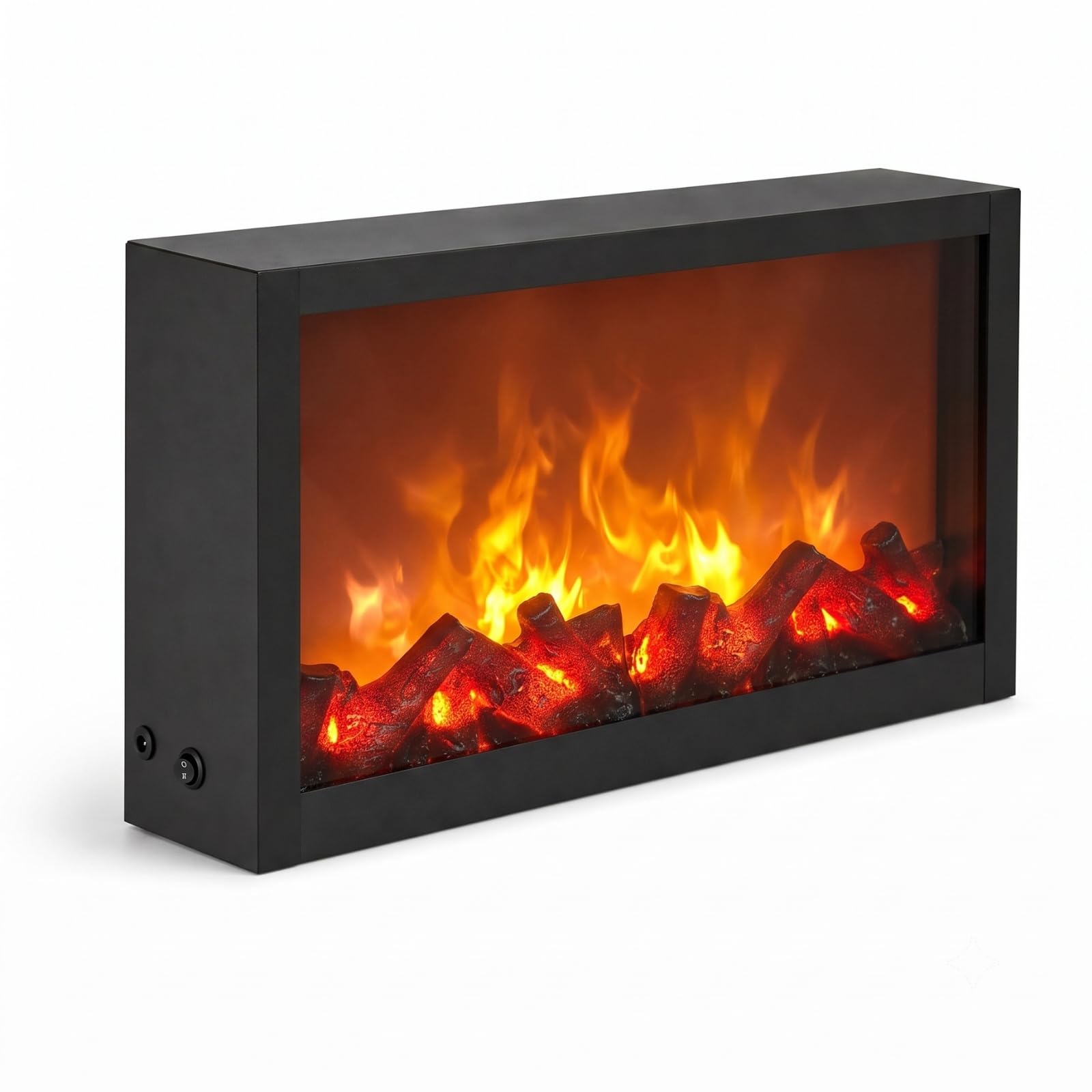 Dekorativer LED-Kamin aus Metall, flacher Deko-Kamin mit 7 LED-Flammen, warmweiß 2700 K, rechteckig, ohne Heizfunktion, für Wohnzimmer und Flur, 10 x 41 x 25 cm, schwarz