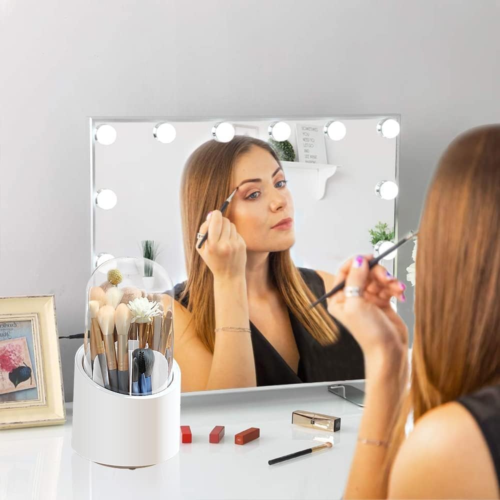 Feinerman 360° Rotating Makeup Brush Holder with Lid, Dustproof Cosmetic Brush Storage Box, Makeup Organizer for Vanity, Desk, or Bathroom Counter, Beauty Storage Box (White) 2