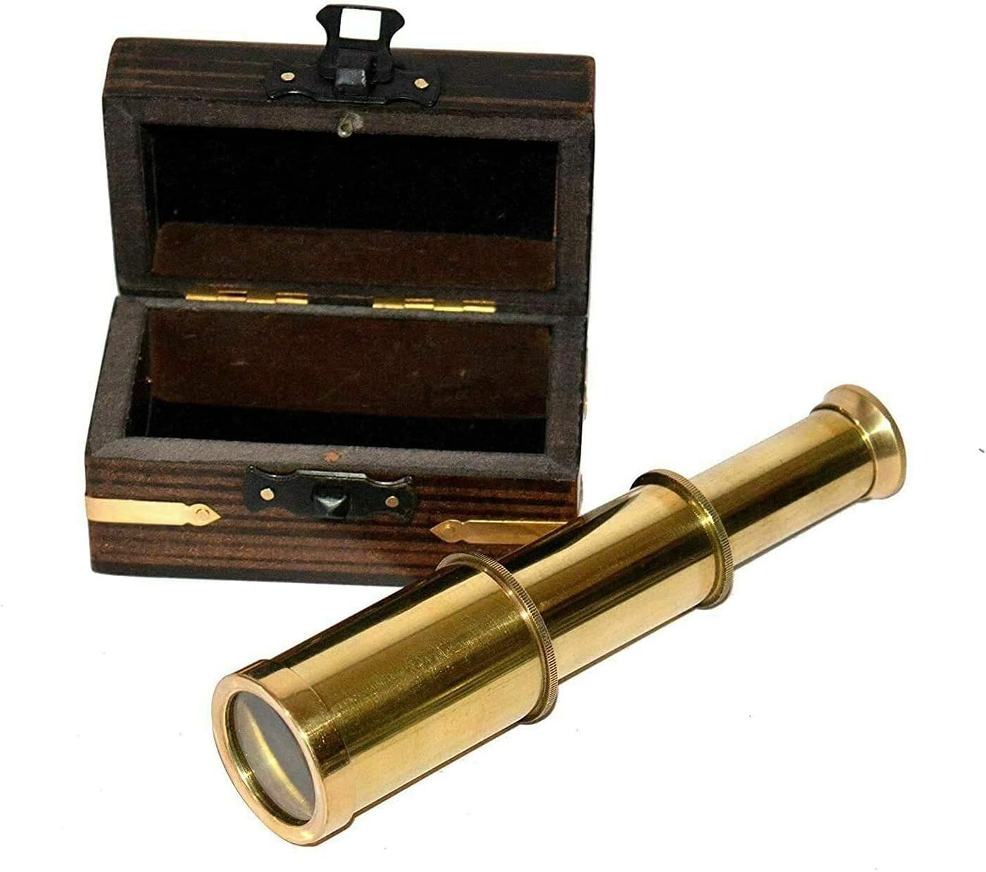 Antique Vintage Brass 6" Spyglass Telescope with Wooden Box Gift Item