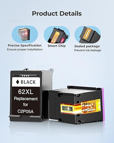 Miniatura 6 de Paquete combinado de cartuchos de tinta 62XL, repuesto negro y color para HP 62 XL, 62XL, tinta remanufacturada, funciona con Envy serie 5540