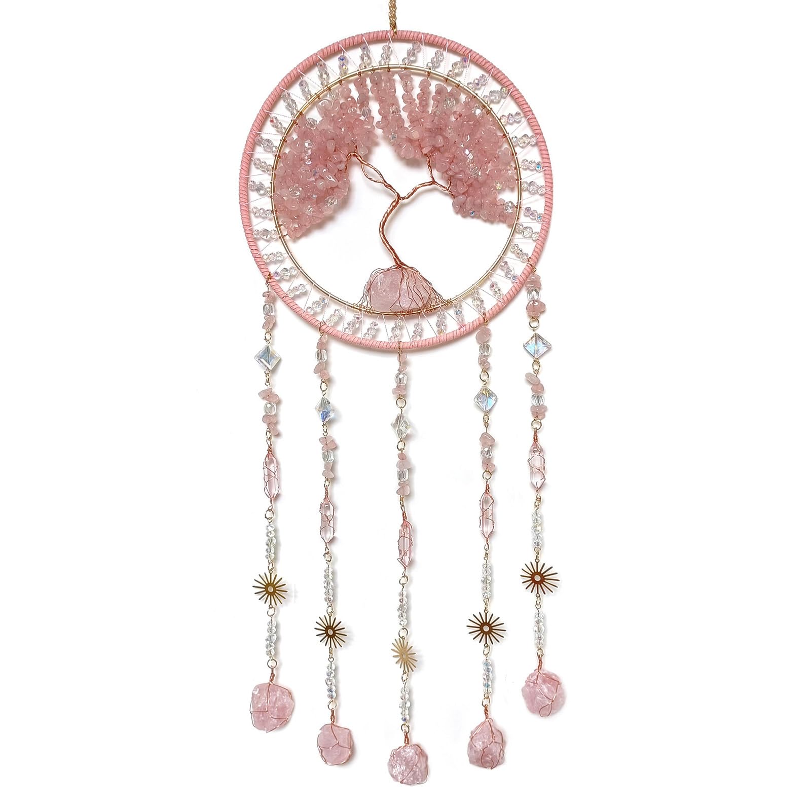 Kristall Baum des Lebens Traumfänger mit Stein Anhänger Rosa Traumfänger Wanddekoration Handgemachte Traumfänger Wandbehang Ornament für Schlafzimmer Wohnzimmer Wohnkultur