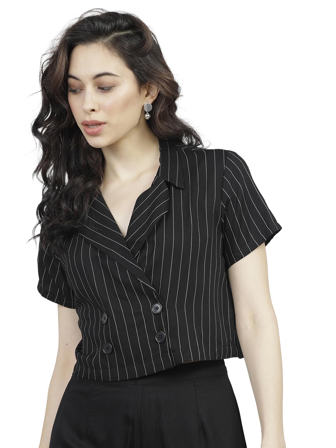 tokyo talkies Women's Striped Double-Breasted Crop Top | Short Sleeves | Chic & Trendy | Tops for Woman | Women Tops | Stylish Top-picture-31