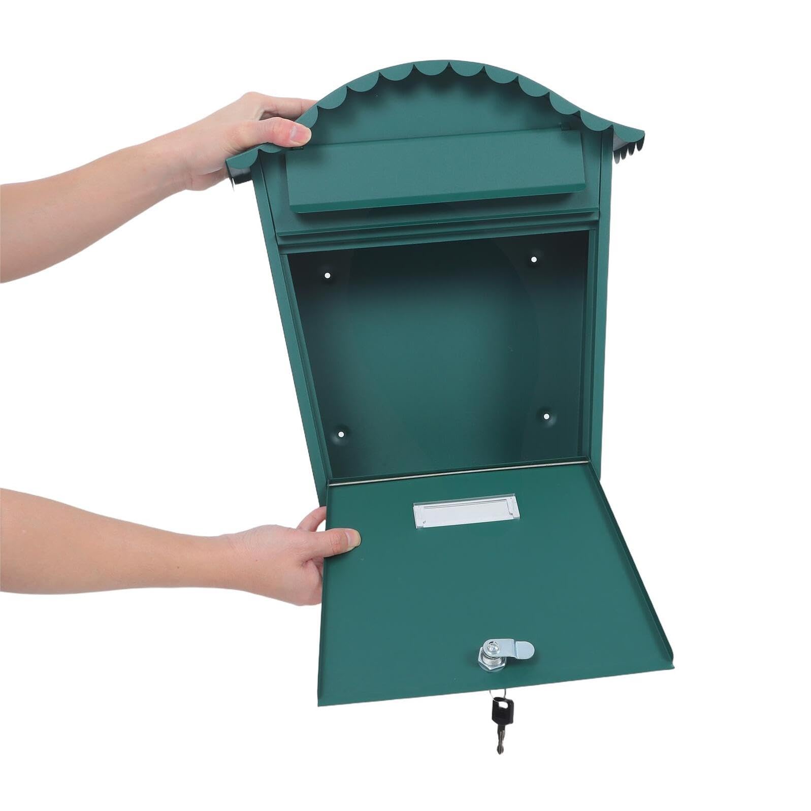 Wandbriefkasten Metall Grün Abschließbar Wetterfest 36,8x35,8x13,5cm Außenbereich mit Schlüsselschloss für Haus Garten
