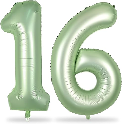 Miniatura 1 de Globos de cumpleaños de 16 años para niñas, globos de 40 pulgadas de papel de aluminio verde salvia con números 16 para niñas y niños, globos de