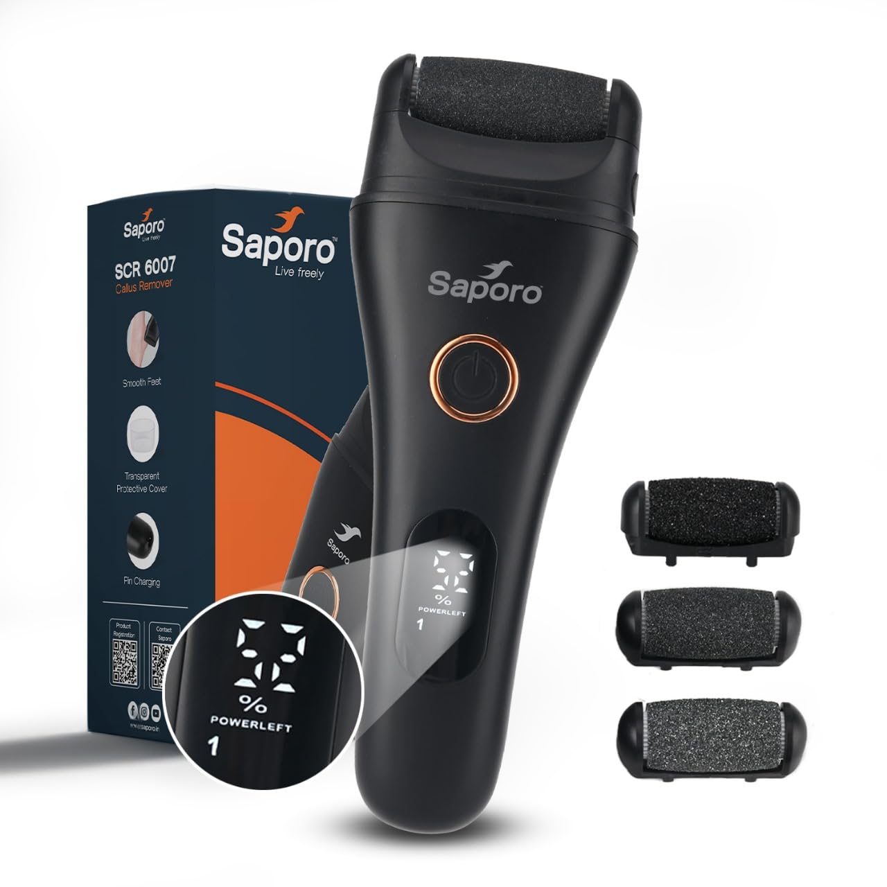Saporo SCR 6007 Electric Callus Remover for Feet with 3 Interchangeable Head Rollers, Rechargeable Foot Scrubber for Dead Skin Remover, 3 Speed, 15 Months Warranty, Pedicure Device, Waterproof, Black-image-24