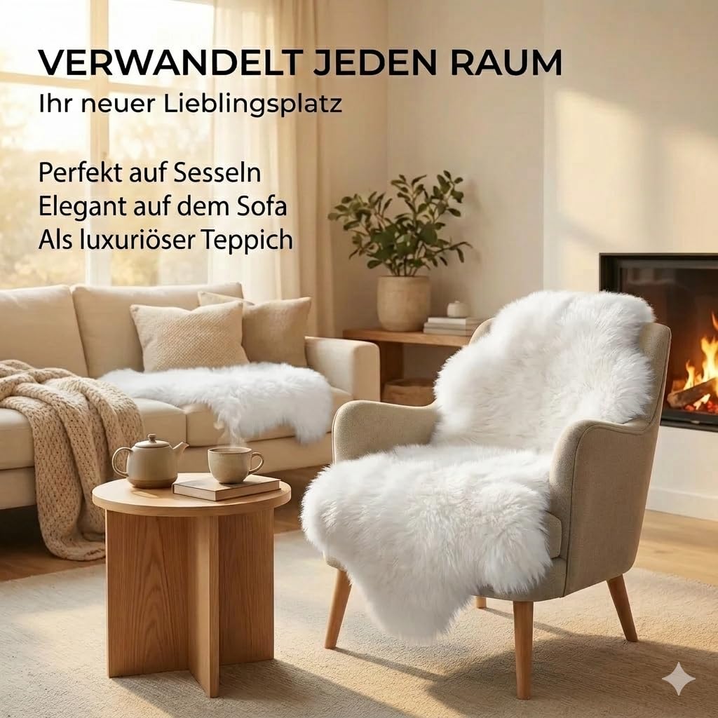 Premium Lammfell weiß 110cm - echtes Merino Schaffell | Superzartes Kuschelfell, echtes geruchsfreies Lammfell. warm im Winter und kühlend im Sommer