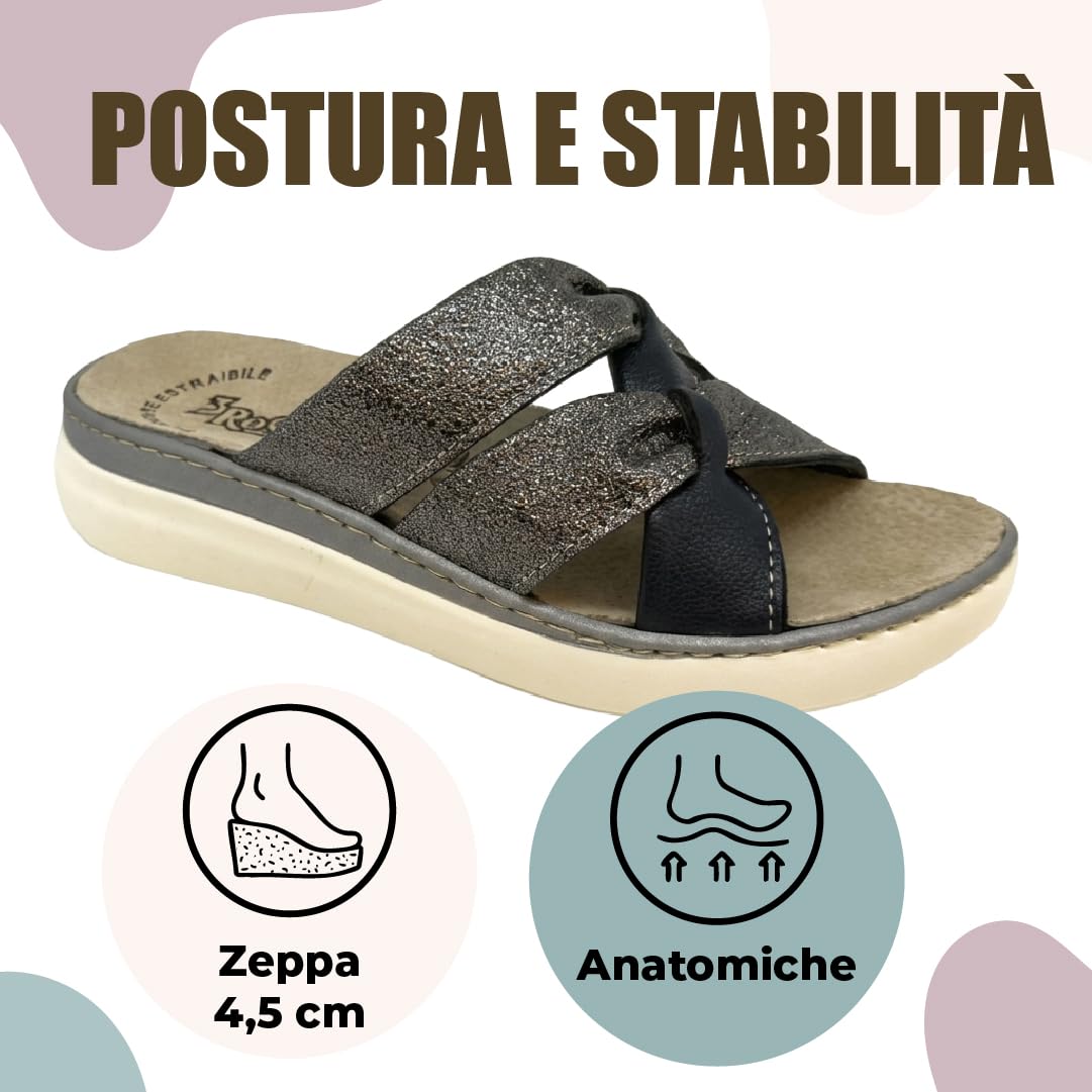 3Rose 400 Ciabatte Donna con Doppia Fascia Effetto Nodo Laminato - Pantofole Casa e Outdoor Estive - Eleganti da Giorno Comfort Anatomico con Zeppa 4,5 cm e Plantare Estraibile in Vera Pelle