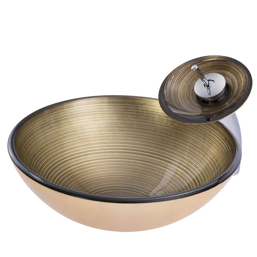 Évier lavabos pour salle de bain moderne : vasque ronde verre à rayures cascade