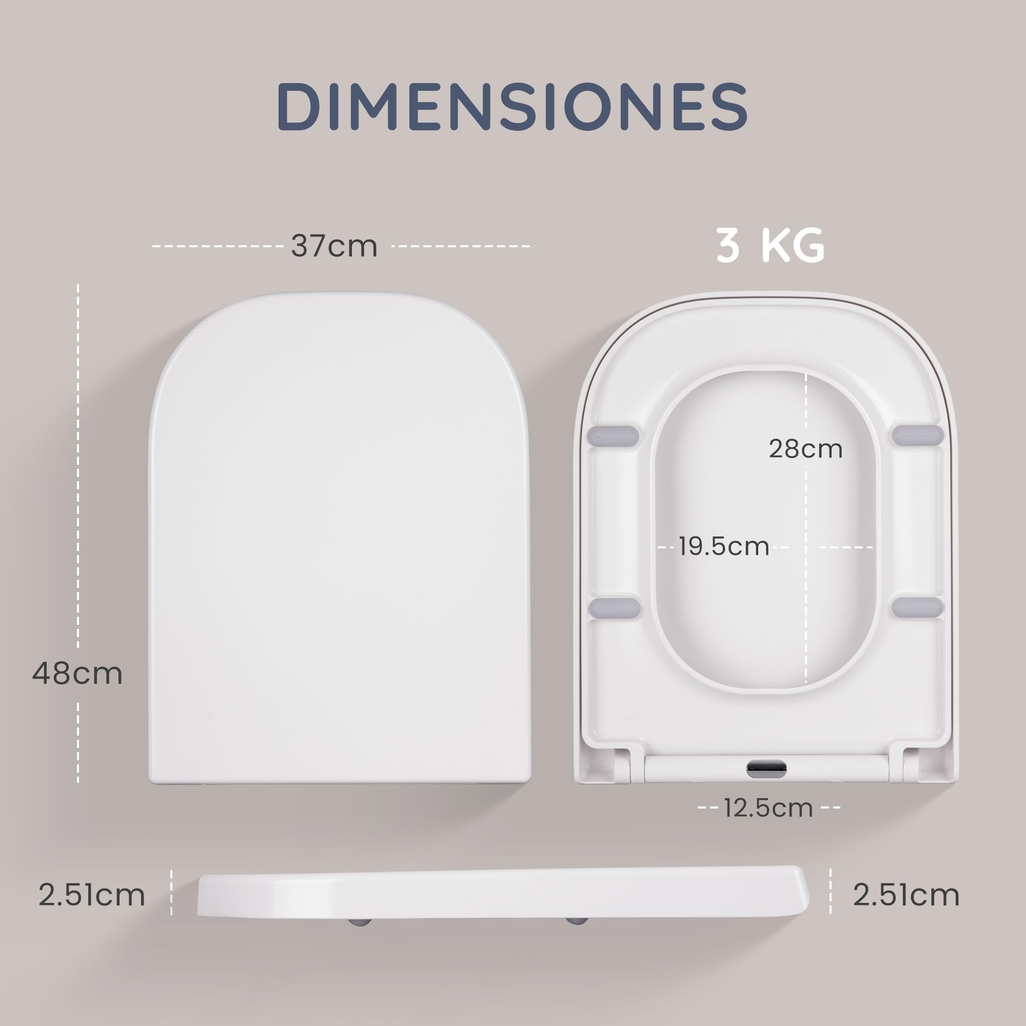 CUQOO Asiento de inodoro cuadrado de cierre suave, asiento de inodoro resistente con liberación rápida, fácil instalación con dos opciones de fijación superior y bisagras ajustables