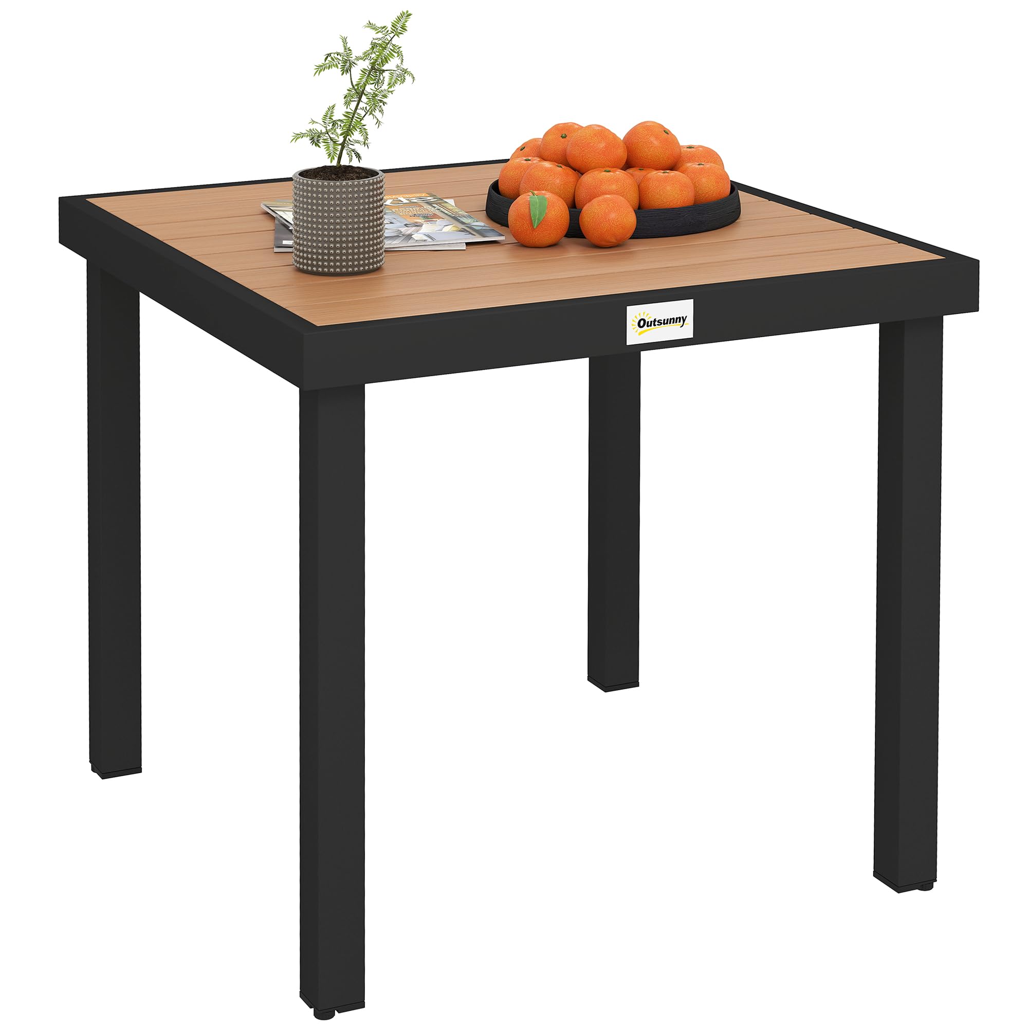 Outsunny 78 cm Garden Dining Table for 4 People, Square Outdoor Coffee End Side Table with Aluminium Metal Legs for Garden, Patio, Natural Wood Finish