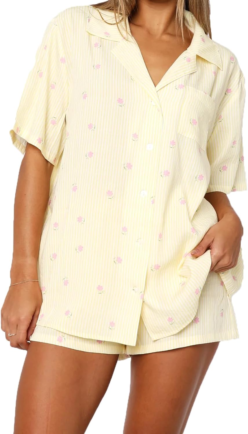 Women Valentines Pajamas Sets Cute Heart Print Pjs Set Short Sleeve Button Down Tops and Shorts Loungewear - Image 5