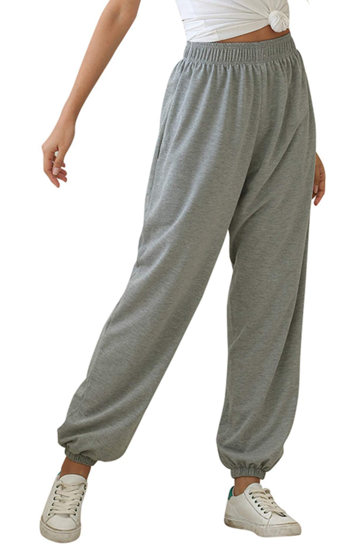 WenaZaoWomen's High Waisted Sweatpants Cotton Sporty Gym Athletic Jogger Pants Baggy Lounge Pants Sportswear (Gray, L)