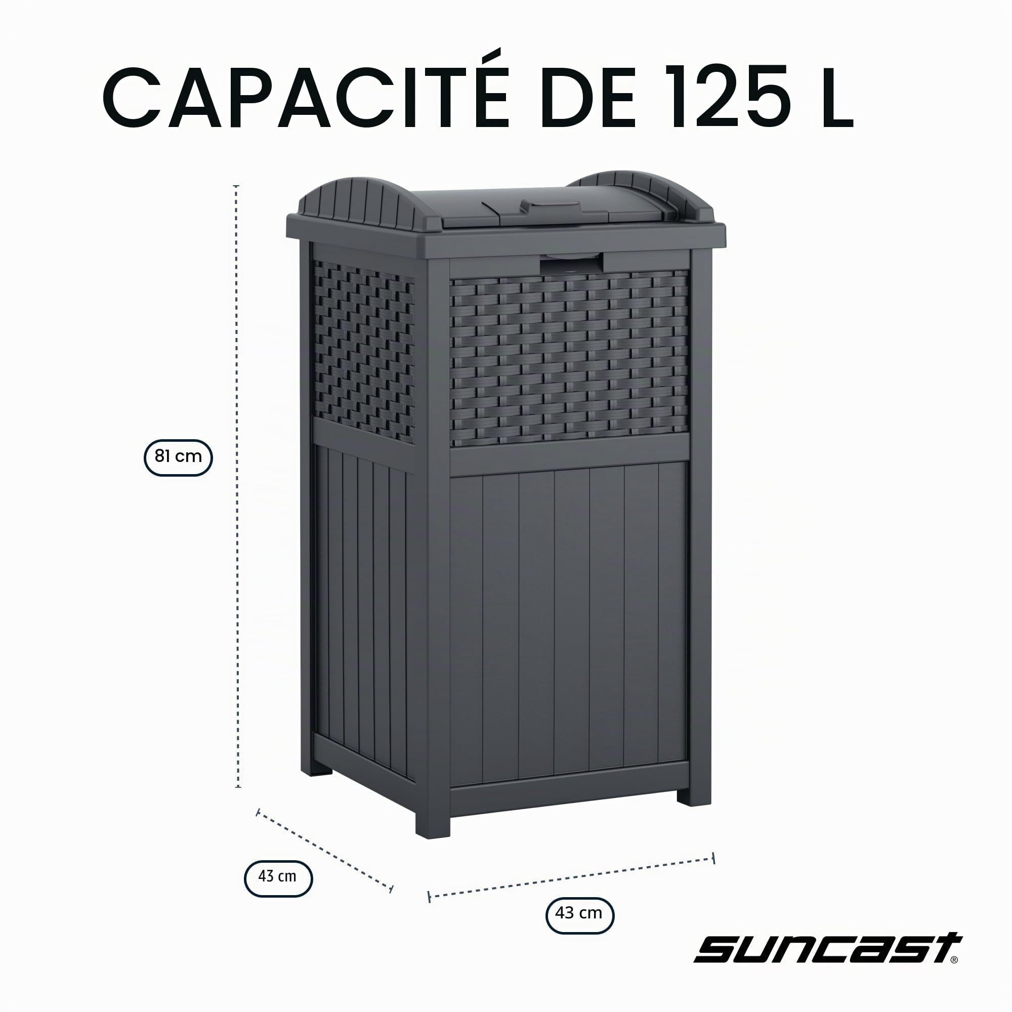 Suncast Poubelle cachée de style osier avec couvercle à verrouillage sécurisé et construction résistante aux intempéries pour terrasse, fabriquée aux États-Unis, 125 L, gris (Cyberspace Grey)