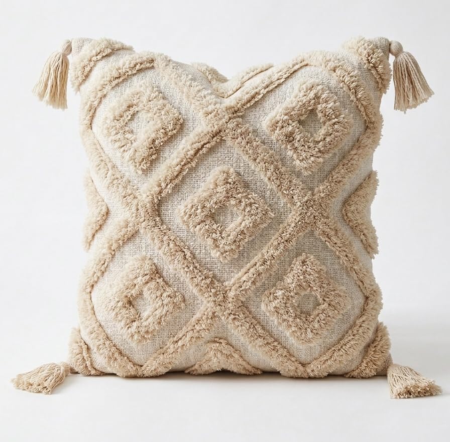 Image of Sofa Cushion Cover Cotton for Living Room Couch Soft Pillow Covers (Natural Small Diamond, 16 x 16 Inch (Pack of 2))