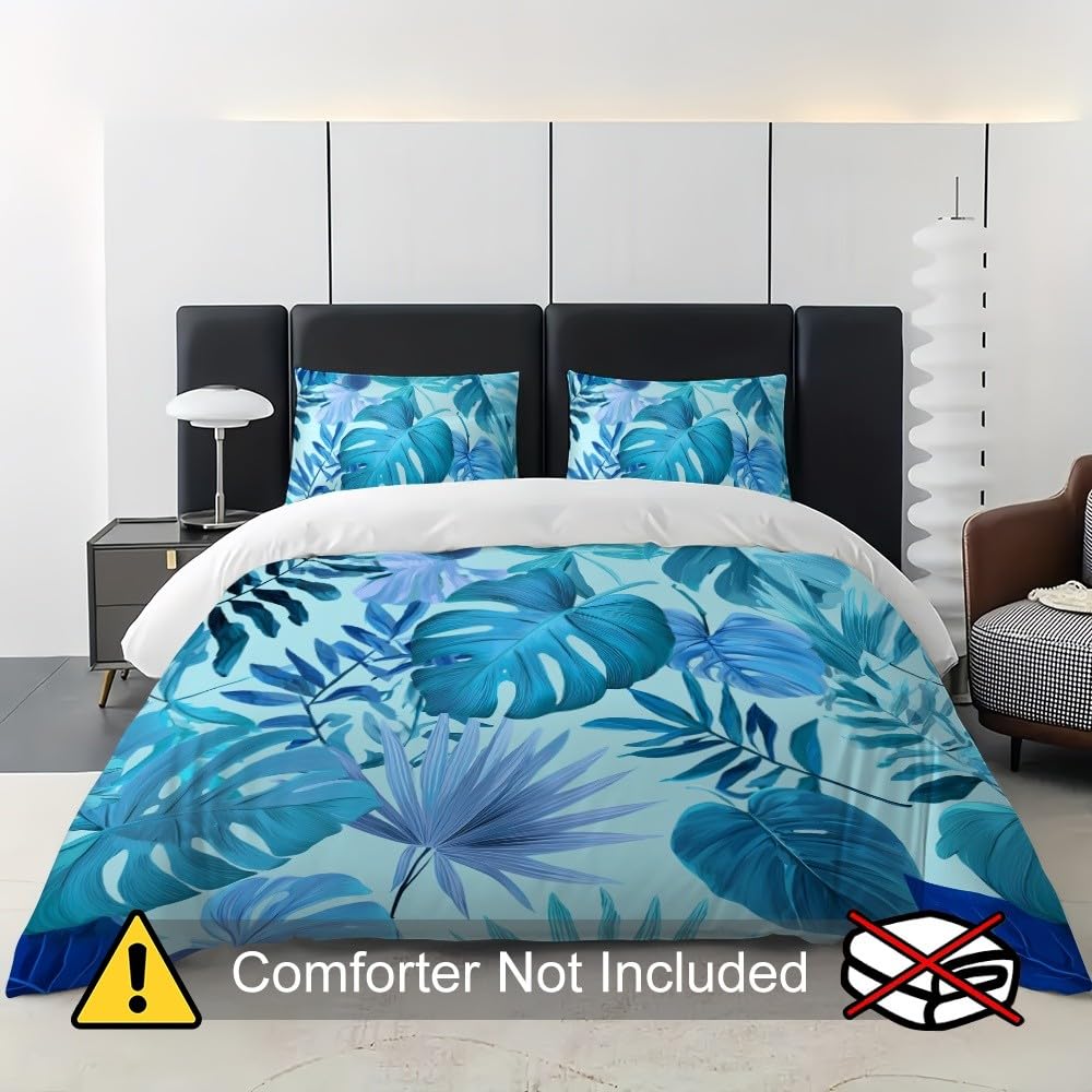 Tropikalna roślina, monstera, oddychająca, przyjemna poszwa na kołdrę, 3-częściowa, 155 x 220 cm, miękka poszewka na kołdrę z mikrofibry, niebieska, odpowiednia dla dzieci i dorosłych, kreatywna