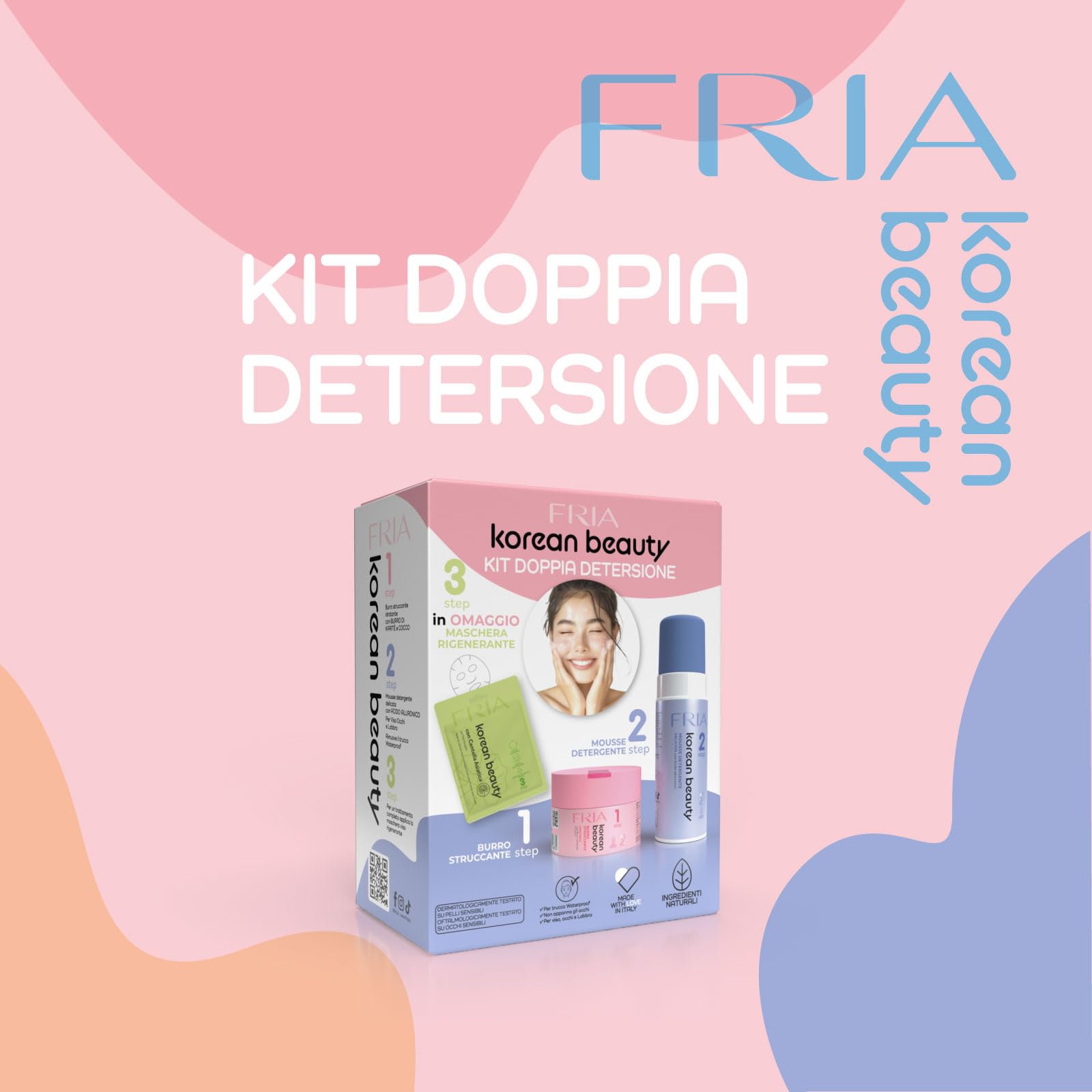 Fria Korean Beauty Kit Doppia Detersione, Burro Struccante Korean Beauty + Mousse Detergente Korean Beauty + Maschera Viso Rigenerante Fria Korean Beauty in Omaggio
