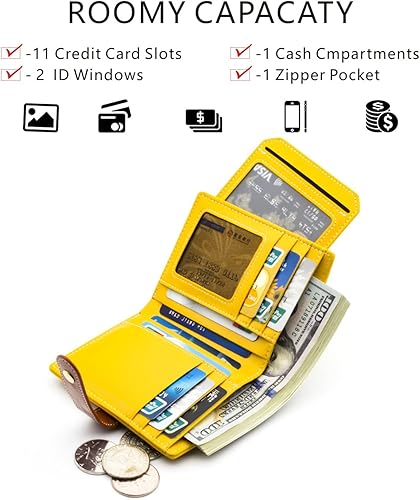 Miniatura 2 de ANDOILT Billeteras para mujer, de piel auténtica, pequeña, plegable, con bloqueo RFID, con bolsillo para monedas, ventana de identificación, Cartera