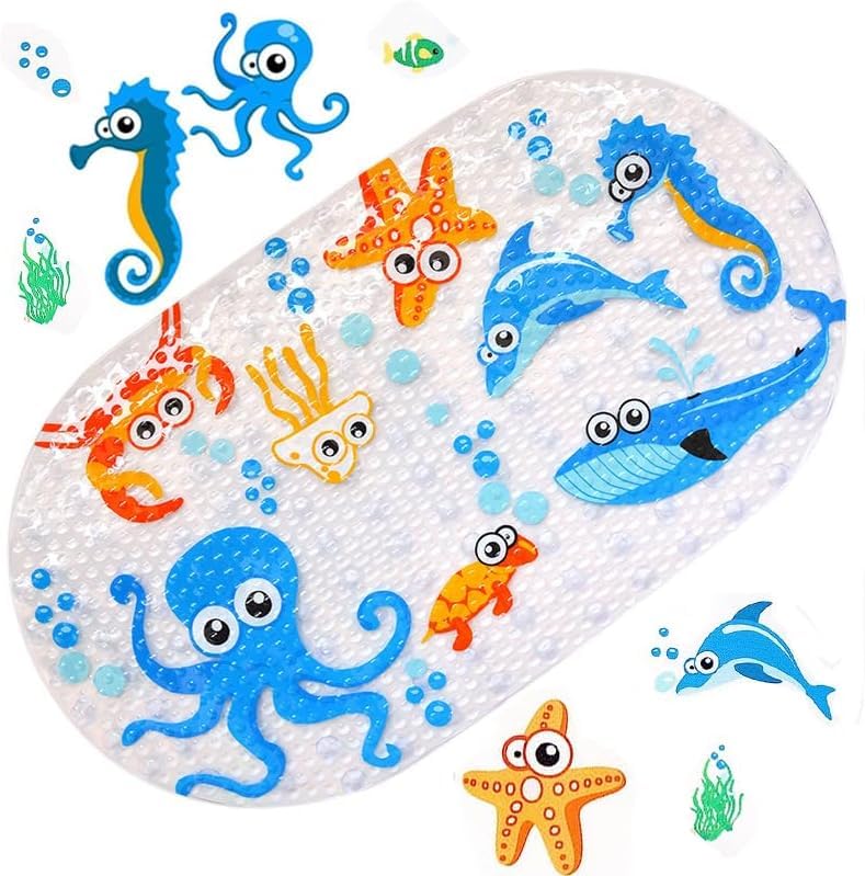 Mumoo Bear Bath Mats for Tub Kids,Large Cartoon Non-Slip Bathroom Bathtub Kid Mat for Baby Toddler Anti-Slip Shower Mats for Floor 27inx15in,Machine Washable XL Size Bathroom Mats (Blue)