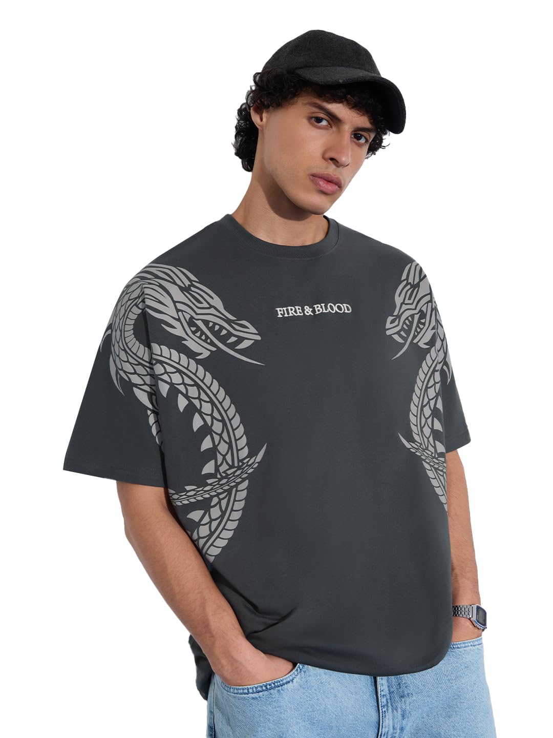 House of The Dragon: Fire & Blood Men and Boys Short Sleeves Round Neck Grey Graphic Printed Cotton Oversized T-Shirts-image-10